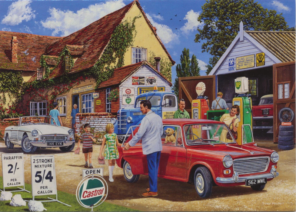 Trevor Mitchell - Filling Up - Morris 1100 , MGB Blank Birthday Greetings Card