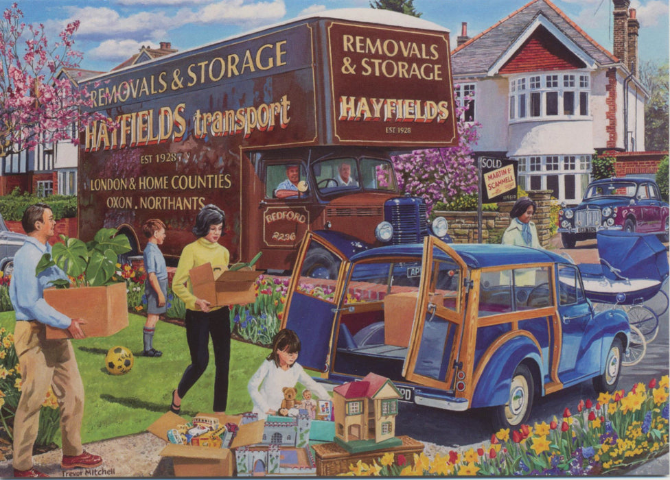 Trevor Mitchell - Moving Day - Morris Traveller and Removal Van blank birthday greetings card