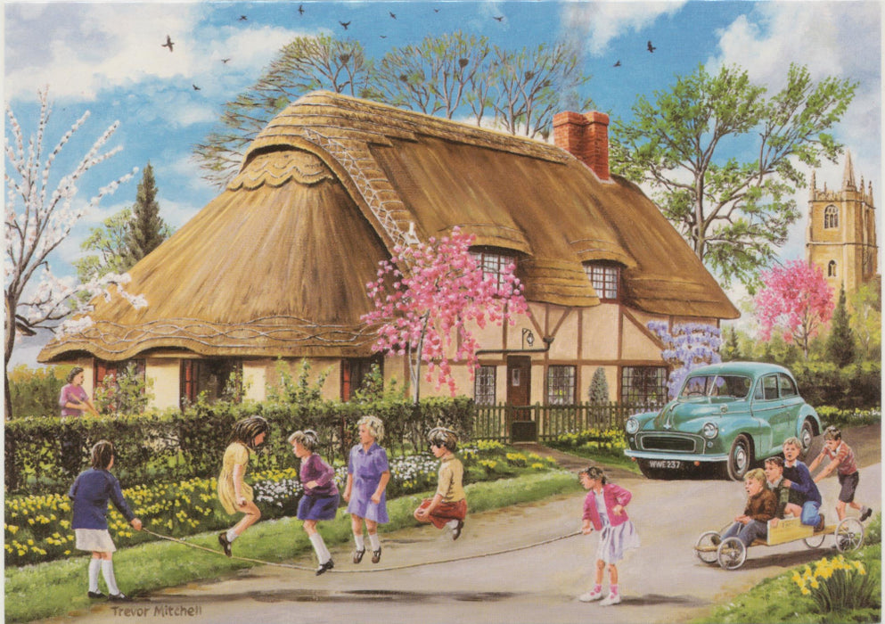 Trevor Mitchell - Spring In Their Heels - Morris Minor Village Blank Birthday Greetings Card